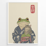 Load image into Gallery viewer, Japanese-style illustration of a frog in a kimono holding a smiling cat, with a red kanji good fortune symbol.
