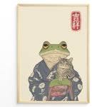 Load image into Gallery viewer, Japanese-style illustration of a frog in a kimono holding a smiling cat, with a red kanji good fortune symbol.
