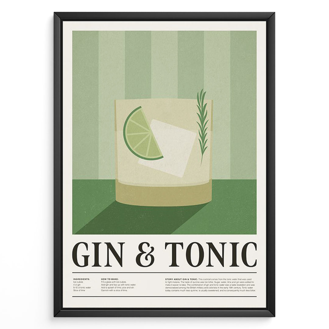 Minimalist Gin & Tonic poster featuring a cocktail glass with lime slice, ice cube, and rosemary sprig on a green striped background, framed as bar or kitchen wall art.