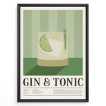 Load image into Gallery viewer, Minimalist Gin &amp; Tonic poster featuring a cocktail glass with lime slice, ice cube, and rosemary sprig on a green striped background, framed as bar or kitchen wall art.
