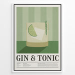 Load image into Gallery viewer, Minimalist Gin &amp; Tonic poster featuring a cocktail glass with lime slice, ice cube, and rosemary sprig on a green striped background, framed as bar or kitchen wall art.
