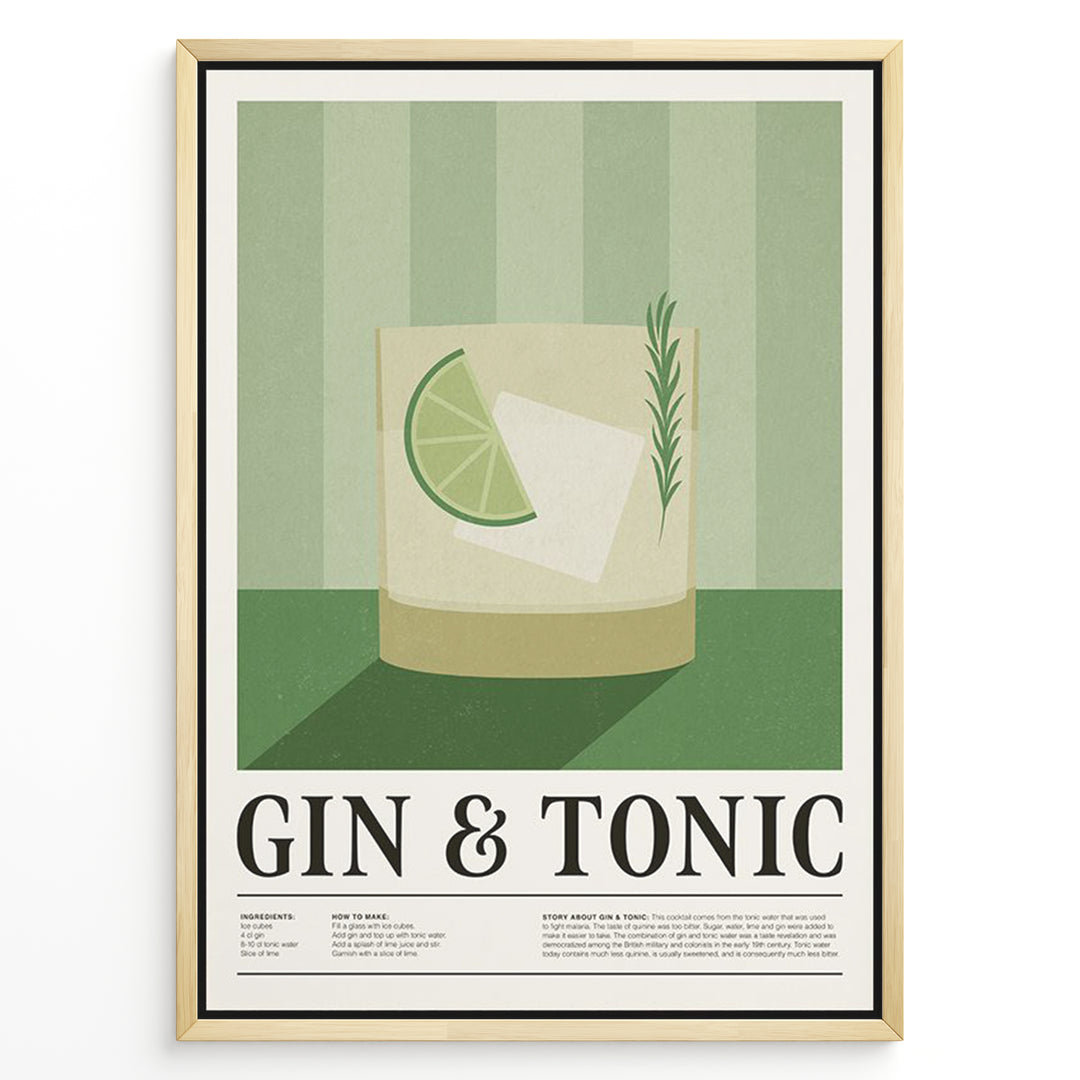 Minimalist Gin & Tonic poster featuring a cocktail glass with lime slice, ice cube, and rosemary sprig on a green striped background, framed as bar or kitchen wall art.
