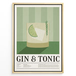 Load image into Gallery viewer, Minimalist Gin &amp; Tonic poster featuring a cocktail glass with lime slice, ice cube, and rosemary sprig on a green striped background, framed as bar or kitchen wall art.
