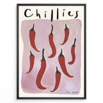 Load image into Gallery viewer, Modern poster featuring red chillies with green stems on a mauve background, framed as minimalist kitchen wall art.
