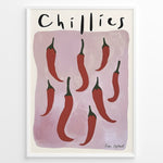 Load image into Gallery viewer, Modern poster featuring red chillies with green stems on a mauve background, framed as minimalist kitchen wall art.
