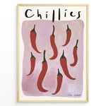 Load image into Gallery viewer, Modern poster featuring red chillies with green stems on a mauve background, framed as minimalist kitchen wall art.
