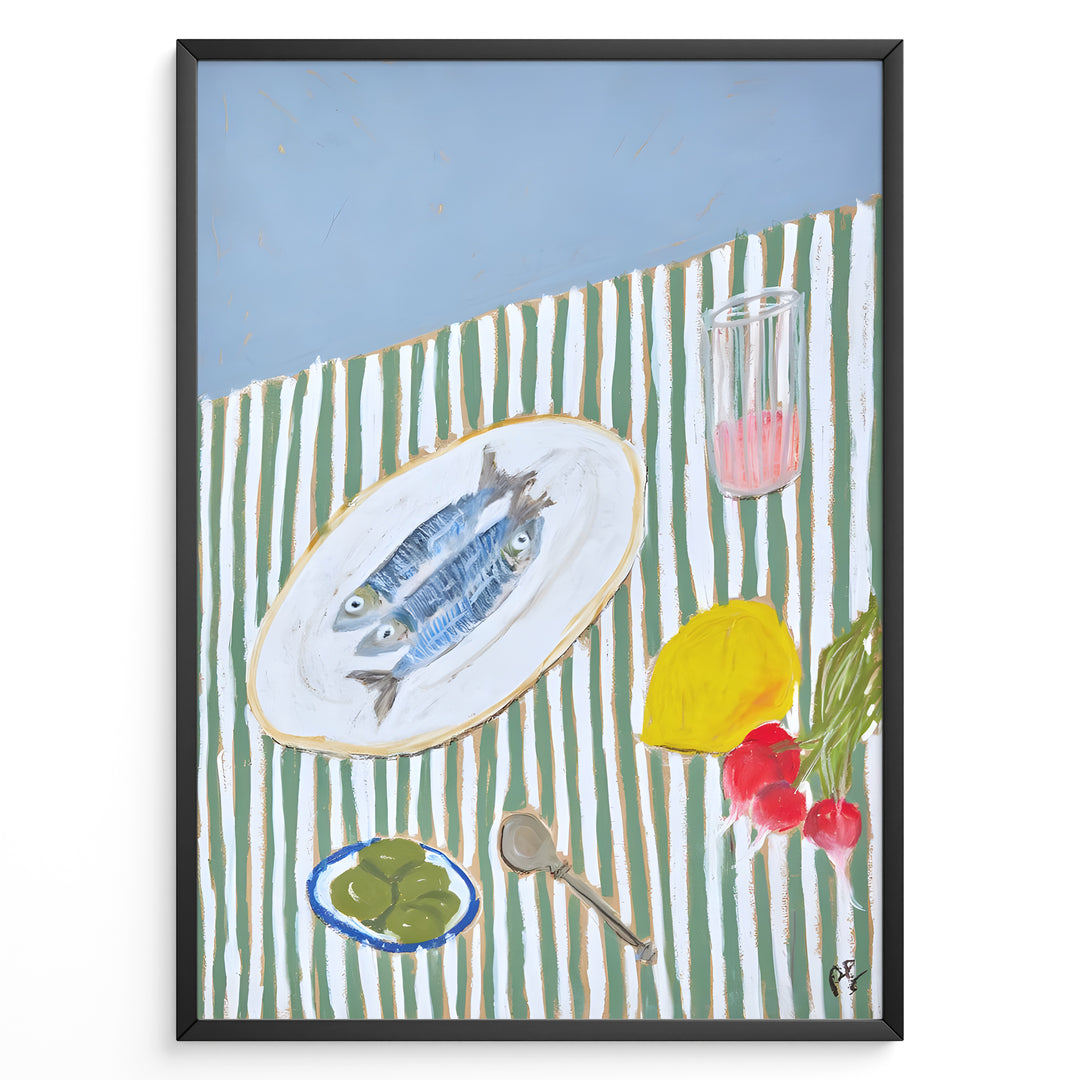 Mediterranean still life poster with fish on a white plate, lemon, radishes, olives, and a pink drink on a green and white striped tablecloth, framed as kitchen wall art.
