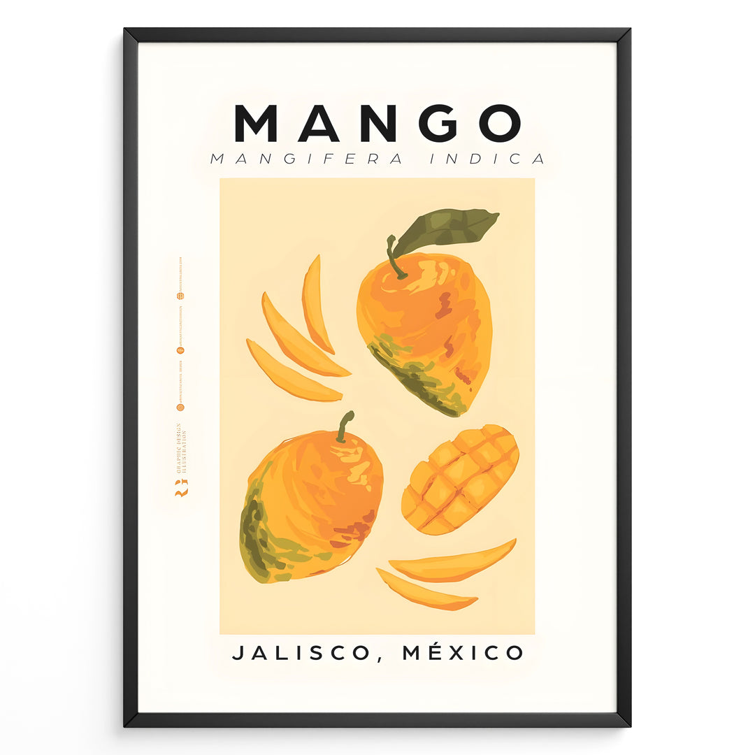 Modern mango poster featuring whole and sliced mangoes with “Mango – Jalisco, México” text on a yellow background, framed as tropical kitchen wall art.
