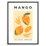 Load image into Gallery viewer, Modern mango poster featuring whole and sliced mangoes with “Mango – Jalisco, México” text on a yellow background, framed as tropical kitchen wall art.
