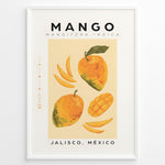Load image into Gallery viewer, Modern mango poster featuring whole and sliced mangoes with “Mango – Jalisco, México” text on a yellow background, framed as tropical kitchen wall art.
