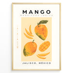 Load image into Gallery viewer, Modern mango poster featuring whole and sliced mangoes with “Mango – Jalisco, México” text on a yellow background, framed as tropical kitchen wall art.
