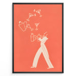 Load image into Gallery viewer, Minimal modern illustration of a bartender juggling cocktail shakers and martini glasses on a coral background, framed as contemporary bar wall art.
