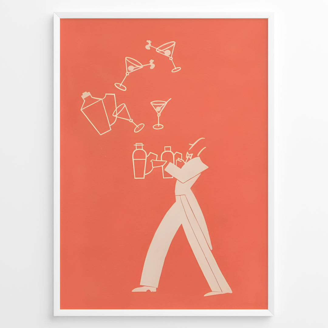 Minimal modern illustration of a bartender juggling cocktail shakers and martini glasses on a coral background, framed as contemporary bar wall art.
