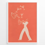 Load image into Gallery viewer, Minimal modern illustration of a bartender juggling cocktail shakers and martini glasses on a coral background, framed as contemporary bar wall art.
