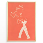 Load image into Gallery viewer, Minimal modern illustration of a bartender juggling cocktail shakers and martini glasses on a coral background, framed as contemporary bar wall art.

