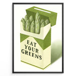 Load image into Gallery viewer, Illustration of asparagus arranged in a cigarette-style box with the text “Eat Your Greens,” designed as quirky green kitchen wall art.
