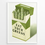 Load image into Gallery viewer, Illustration of asparagus arranged in a cigarette-style box with the text “Eat Your Greens,” designed as quirky green kitchen wall art.
