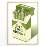 Load image into Gallery viewer, Illustration of asparagus arranged in a cigarette-style box with the text “Eat Your Greens,” designed as quirky green kitchen wall art.
