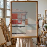 Load image into Gallery viewer, Plakat med livredders tårn | Sommer og Strand Plakater | Denne plakat viser et pastelfarvet livredders tårn med et skilt og strandadvarsler. Perfekt til strandelskere.
