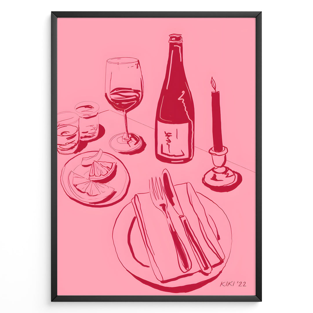 Pink minimal line-art illustration of a wine bottle, wine glass, candle, lemon slices, and dinner plate in a modern kitchen wall art style.