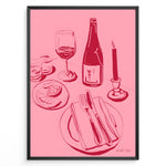 Load image into Gallery viewer, Pink minimal line-art illustration of a wine bottle, wine glass, candle, lemon slices, and dinner plate in a modern kitchen wall art style.
