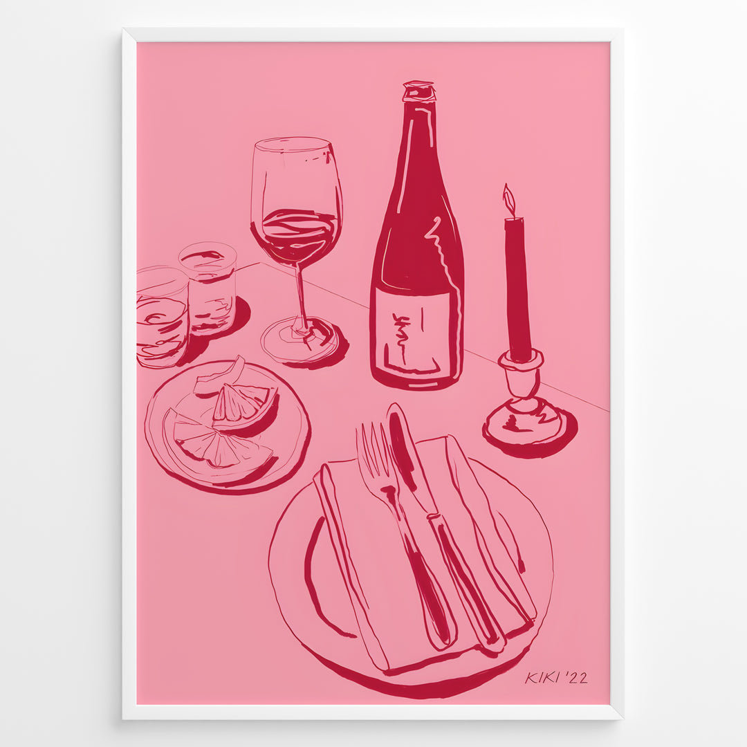 Pink minimal line-art illustration of a wine bottle, wine glass, candle, lemon slices, and dinner plate in a modern kitchen wall art style.
