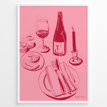 Load image into Gallery viewer, Pink minimal line-art illustration of a wine bottle, wine glass, candle, lemon slices, and dinner plate in a modern kitchen wall art style.
