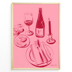 Load image into Gallery viewer, Pink minimal line-art illustration of a wine bottle, wine glass, candle, lemon slices, and dinner plate in a modern kitchen wall art style.
