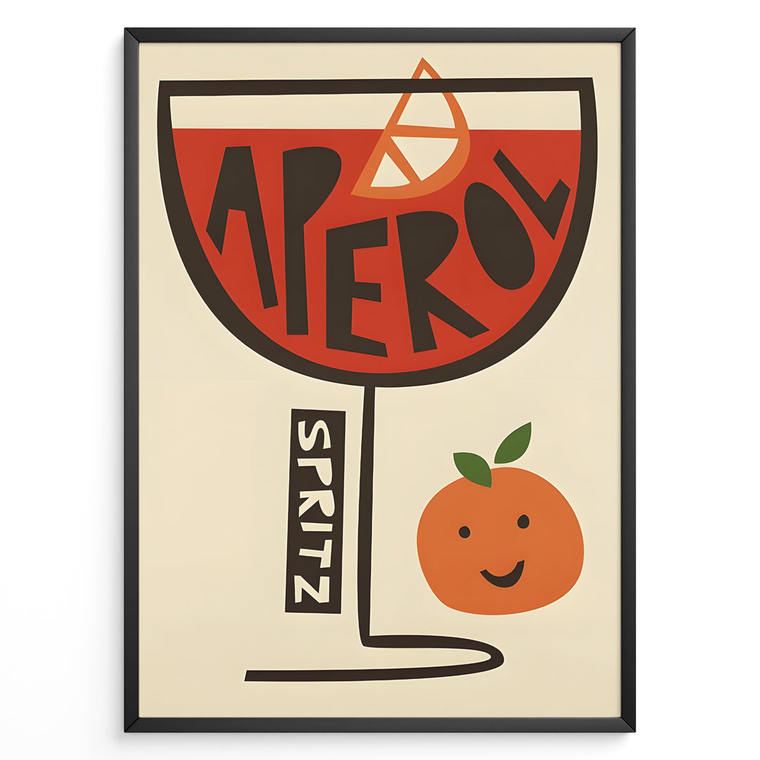 Retro illustration of an Aperol Spritz cocktail glass with bold lettering and a smiling orange.