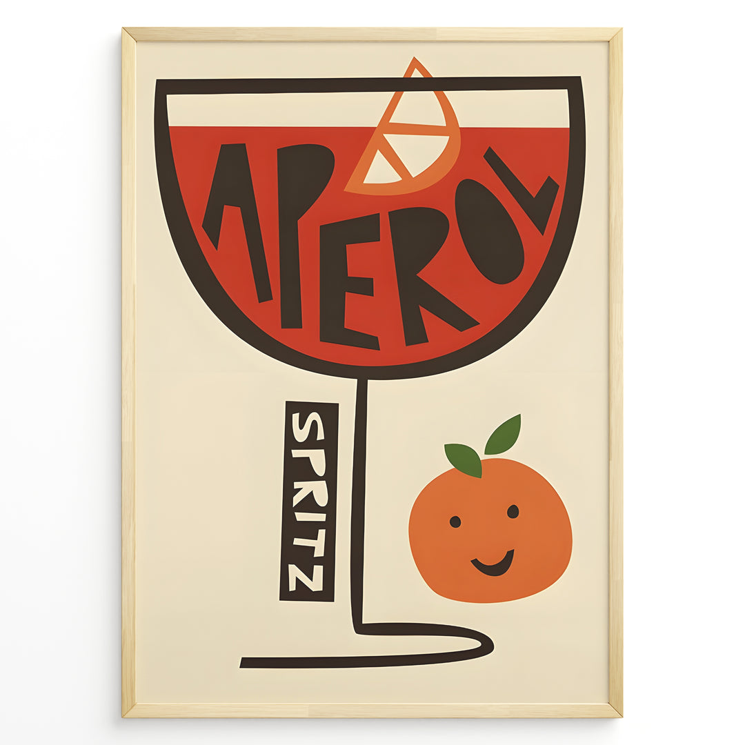 Retro illustration of an Aperol Spritz cocktail glass with bold lettering and a smiling orange.