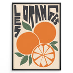 Load image into Gallery viewer, Retro French-style poster with bold lettering and illustrated oranges, including a sliced orange and green leaves.
