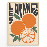 Load image into Gallery viewer, Retro French-style poster with bold lettering and illustrated oranges, including a sliced orange and green leaves.
