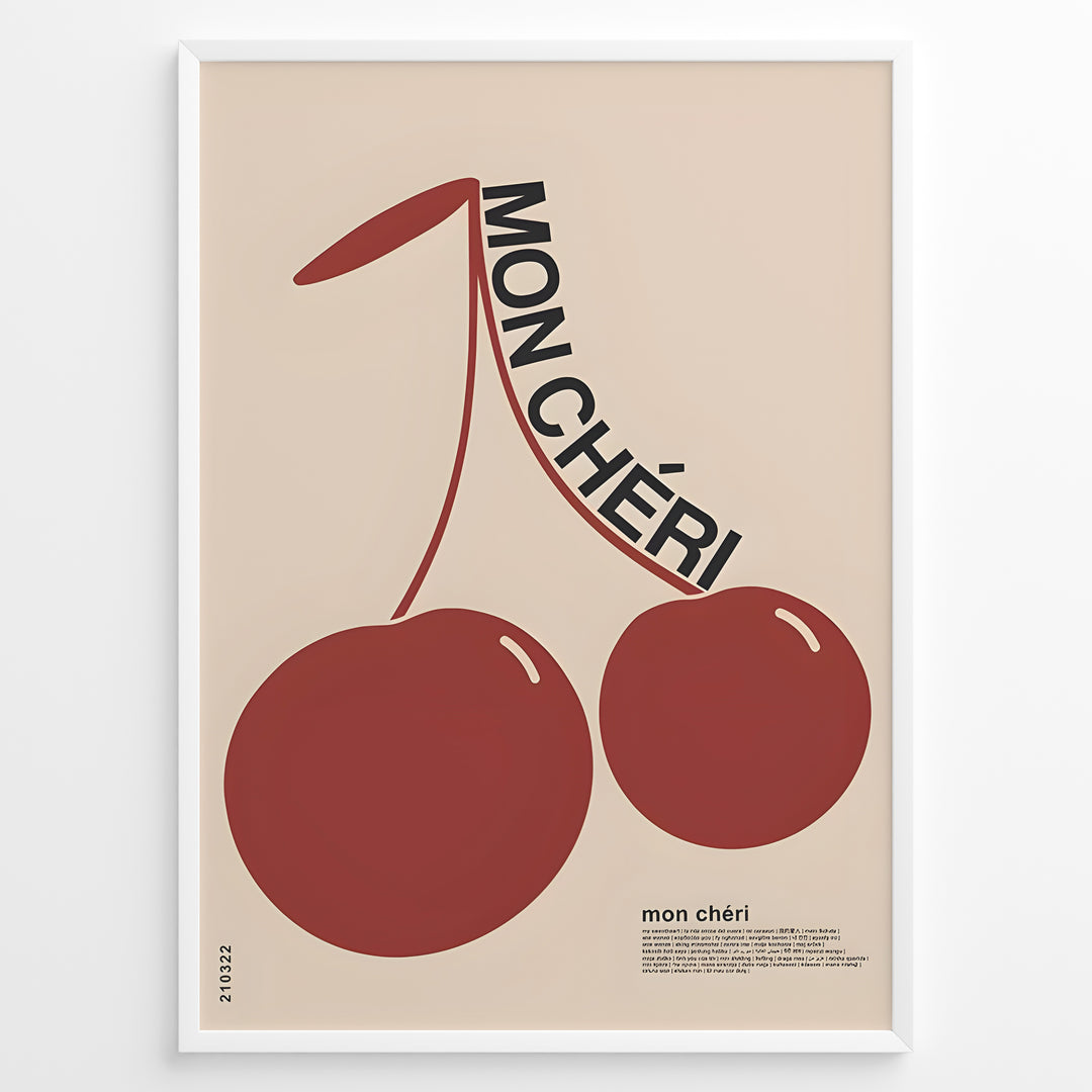 Modern French-style poster with two large red cherries and the text “Mon Chéri.”