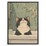 Load image into Gallery viewer, Illustration of a smiling black and white cat in a bathroom sink with green floral vintage tiles.
