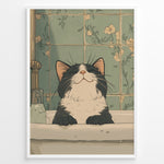Load image into Gallery viewer, Illustration of a smiling black and white cat in a bathroom sink with green floral vintage tiles.
