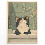 Load image into Gallery viewer, Illustration of a smiling black and white cat in a bathroom sink with green floral vintage tiles.
