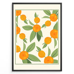 Load image into Gallery viewer, Illustration of ripe orange citrus fruits with green leaves on a cream background, framed in black – modern botanical kitchen wall art plakat.
