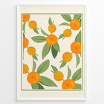 Load image into Gallery viewer, Illustration of ripe orange citrus fruits with green leaves on a cream background, framed in black – modern botanical kitchen wall art plakat.
