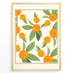 Load image into Gallery viewer, Illustration of ripe orange citrus fruits with green leaves on a cream background, framed in black – modern botanical kitchen wall art plakat.
