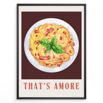 Load image into Gallery viewer, Italian pasta art print plakat with basil leaves and “That’s Amore” text framed in black on white background.
