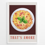 Load image into Gallery viewer, Italian pasta art print plakat with basil leaves and “That’s Amore” text framed in black on white background.
