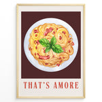Load image into Gallery viewer, Italian pasta art print plakat with basil leaves and “That’s Amore” text framed in black on white background.
