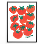 Load image into Gallery viewer, Modern tomato art print plakat featuring red and green hand-painted tomatoes with the word “Tomato” on a white background framed in black.
