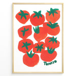 Load image into Gallery viewer, Modern tomato art print plakat featuring red and green hand-painted tomatoes with the word “Tomato” on a white background framed in black.
