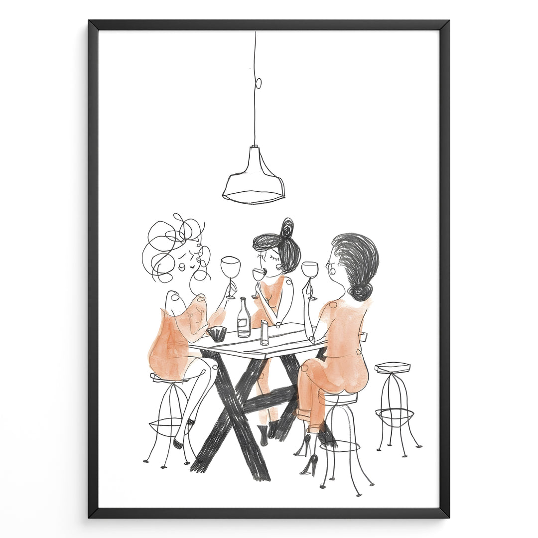Minimalist line art illustration of three women drinking wine at a bar table.