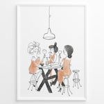 Load image into Gallery viewer, Minimalist line art illustration of three women drinking wine at a bar table.
