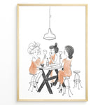 Load image into Gallery viewer, Minimalist line art illustration of three women drinking wine at a bar table.

