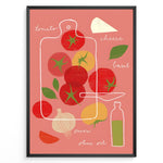 Load image into Gallery viewer, Modern illustrated kitchen art featuring tomatoes, basil, cheese, onion and olive oil.
