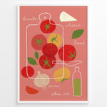 Load image into Gallery viewer, Modern illustrated kitchen art featuring tomatoes, basil, cheese, onion and olive oil.
