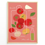 Load image into Gallery viewer, Modern illustrated kitchen art featuring tomatoes, basil, cheese, onion and olive oil.

